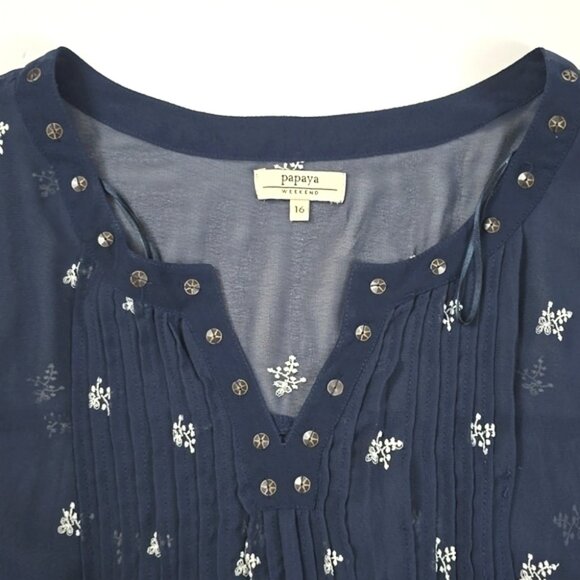 Papaya Weekend Women's Navy Semi Sheer Embroider 3/4 Length Sleeves Blouse Sz 16 - Picture 3 of 12
